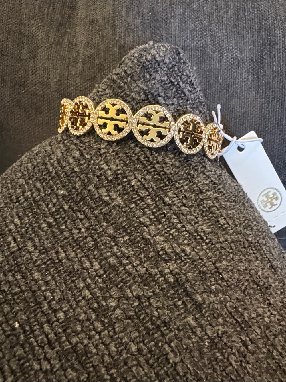 Tory Burch Gold Logo Circle Link Bracelet with Crystal Accents